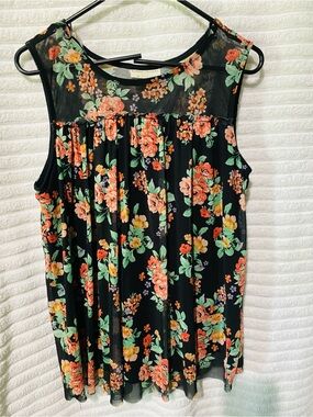 Bobbie Brooks Black Floral Mesh Yoke Sleeveless Top